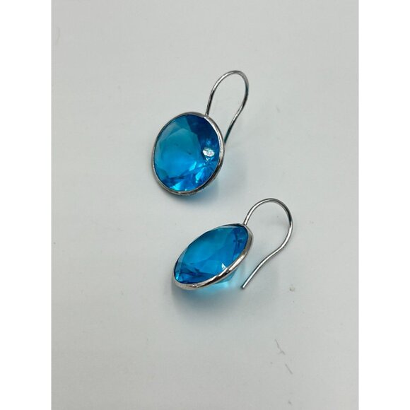 Sterling Silver Blue Earrings Crystal Round Drop Dangles Hook Earrings Aqua Blue - Picture 6 of 7
